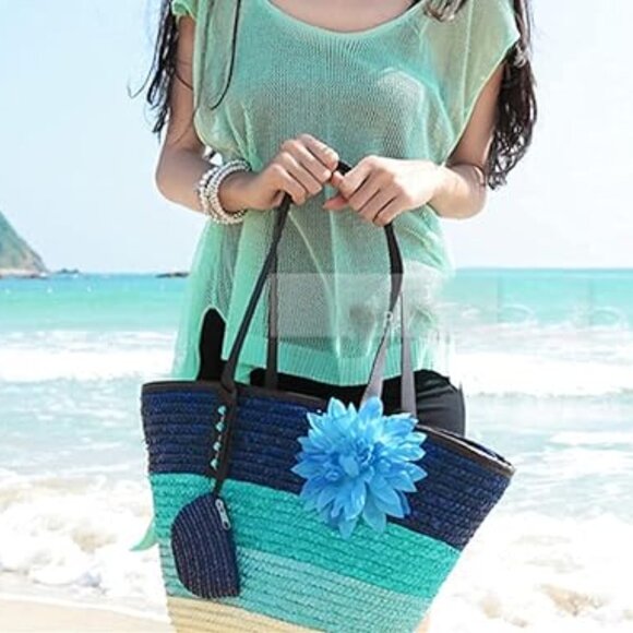 Neiman Marcus Blue Straw Large Beach Tote Bag - Picture 1 of 5